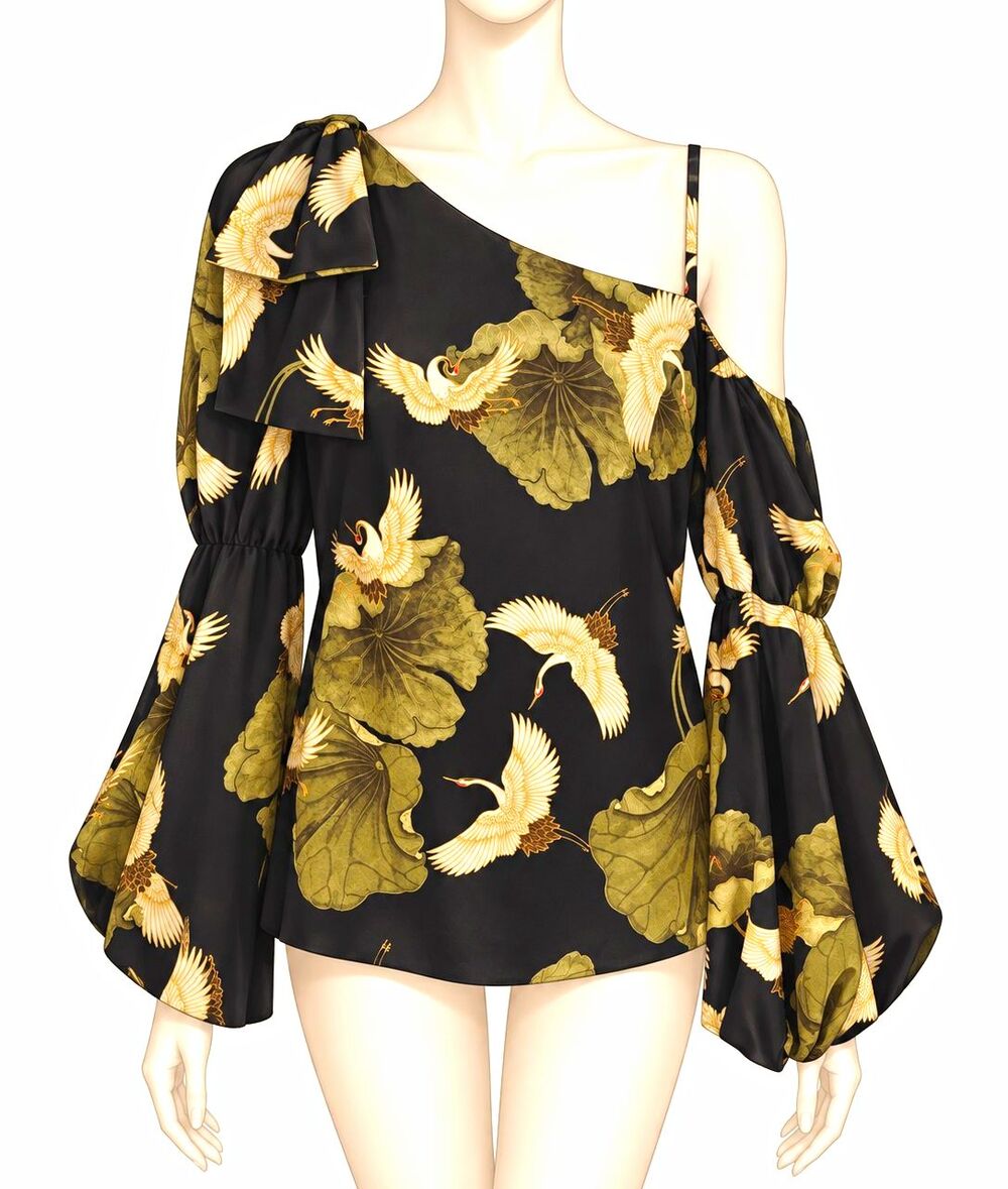 Vava by Joy Han Blouse One Shoulder Crane Blouse Puff Sleeve Bow M USA